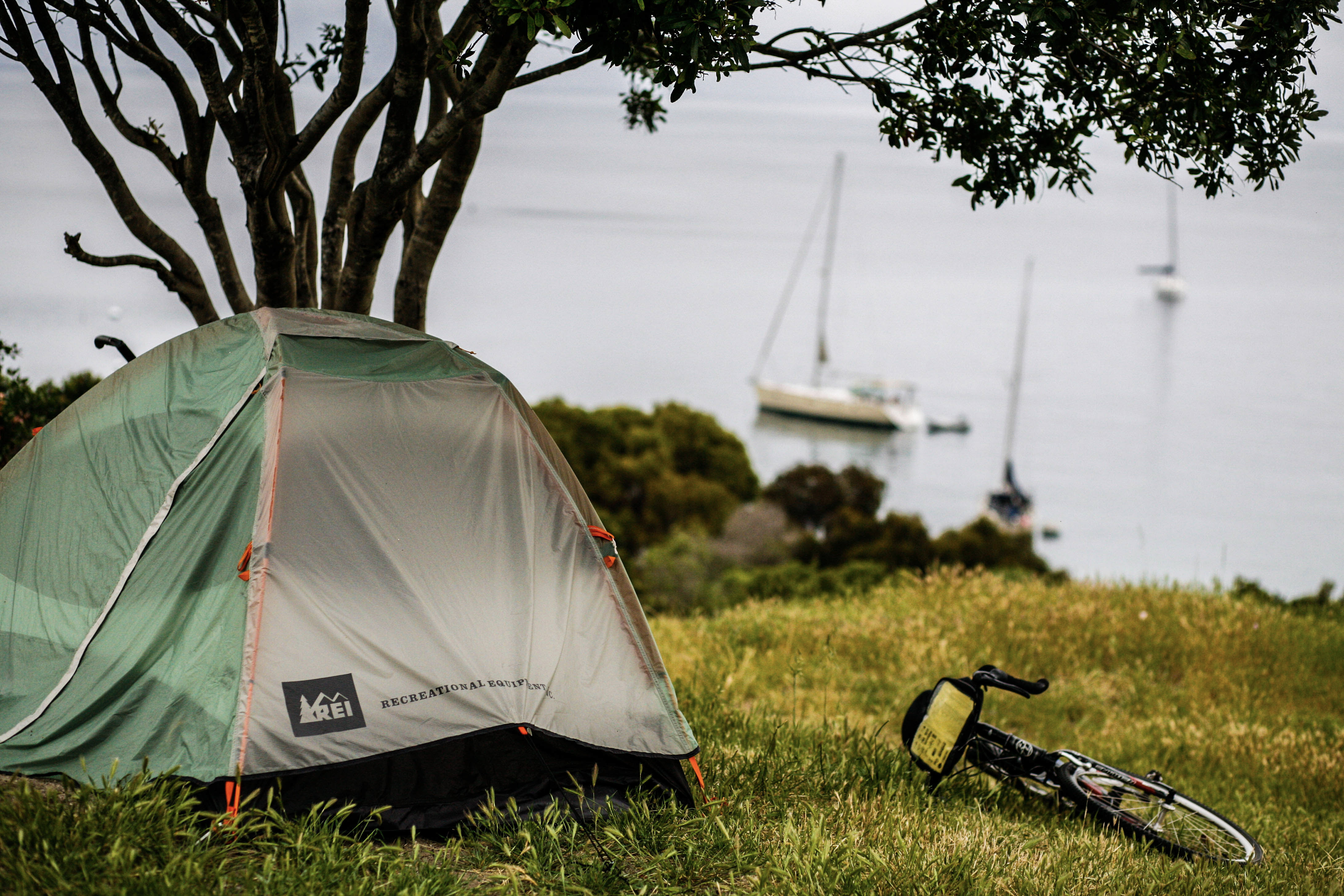 A small tent and bicycle rest on a grassy hill overlooking a calm bay with sailboats