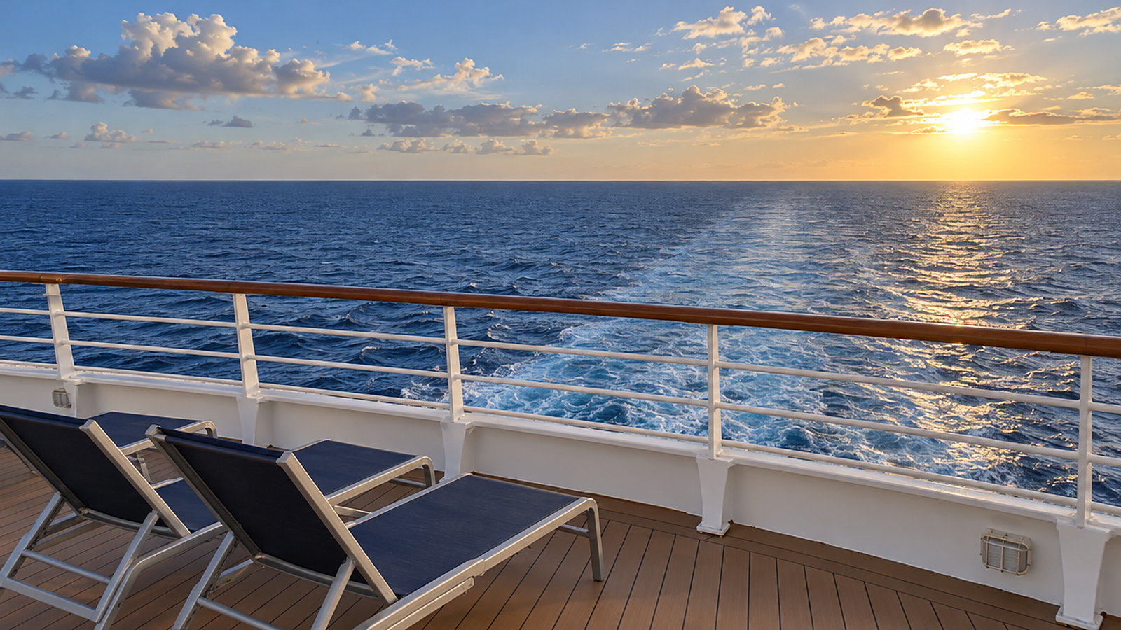 Two empty lounge chairs on a ship deck facing the open ocean and the ship's wake under a warm late-afternoon sun