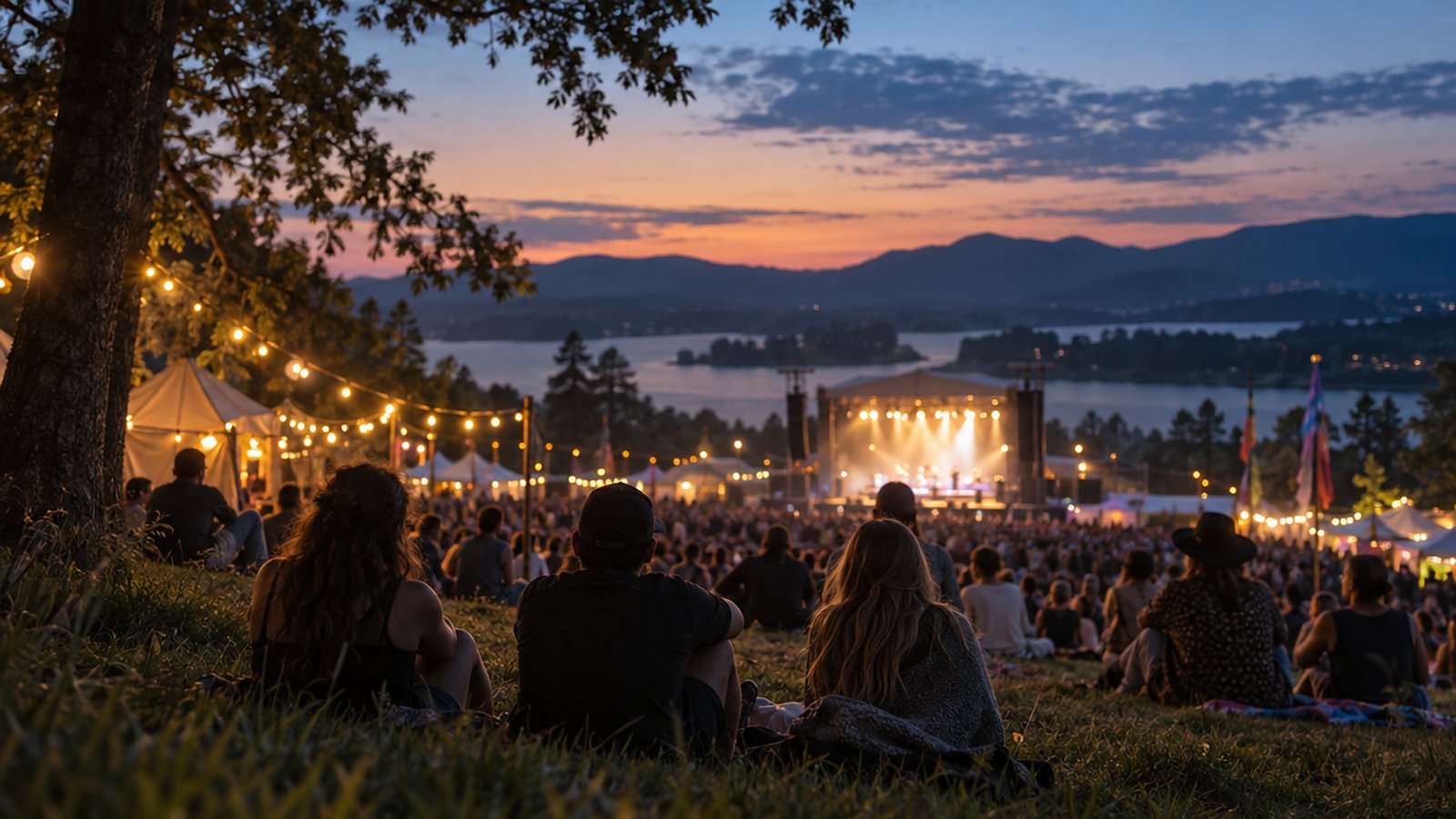 Festivalgoers seen from behind relaxing on a grassy hillside, looking toward a lit outdoor stage by a lake at dusk under string lights.