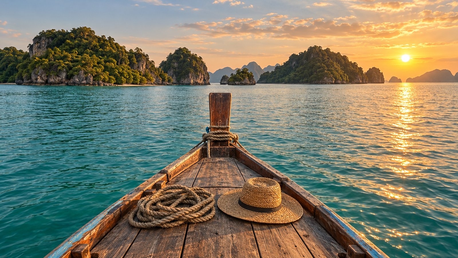 The bow of a small wooden boat with a coiled rope and straw hat on deck, crossing calm turquoise water toward small green tropical islands at golden hour.