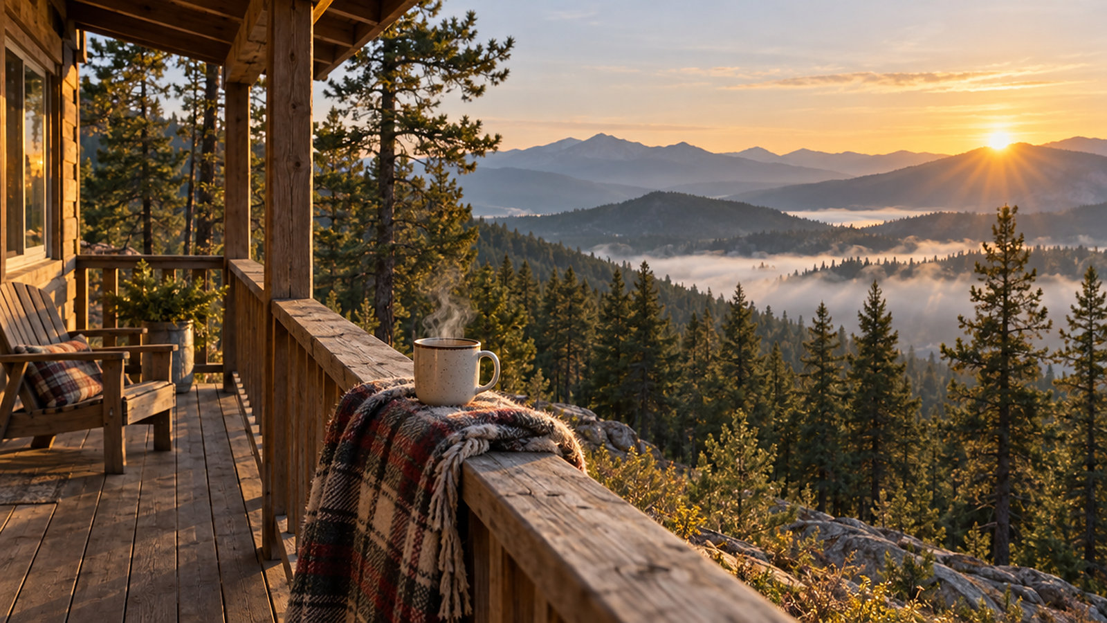 A steaming mug and plaid blanket on a cabin porch railing overlooking misty pine forests and mountain ridges at sunrise