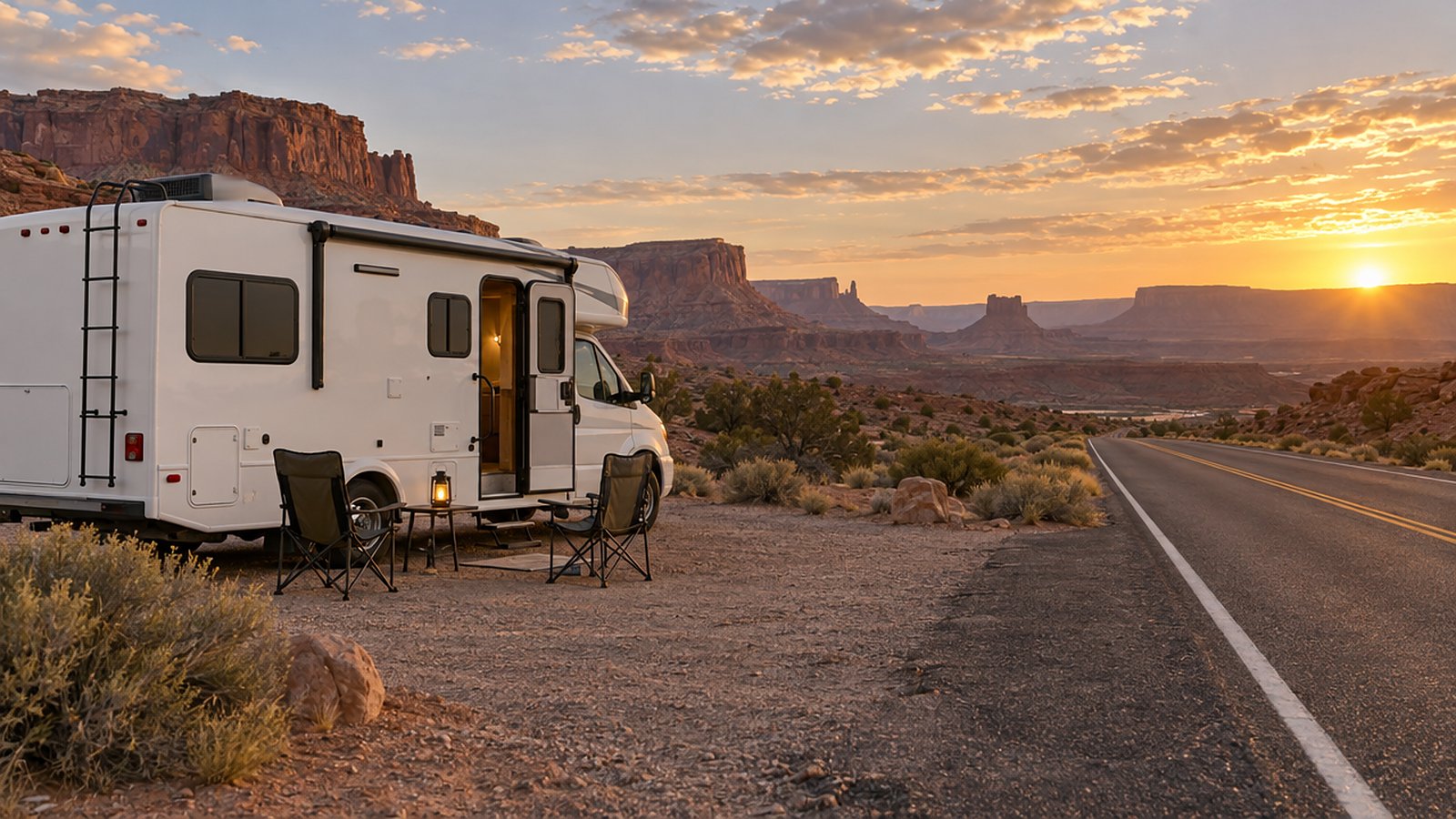 A white motorhome parked beside an empty desert highway at sunset, with folding chairs and a lantern by its open door and red rock mesas beyond.