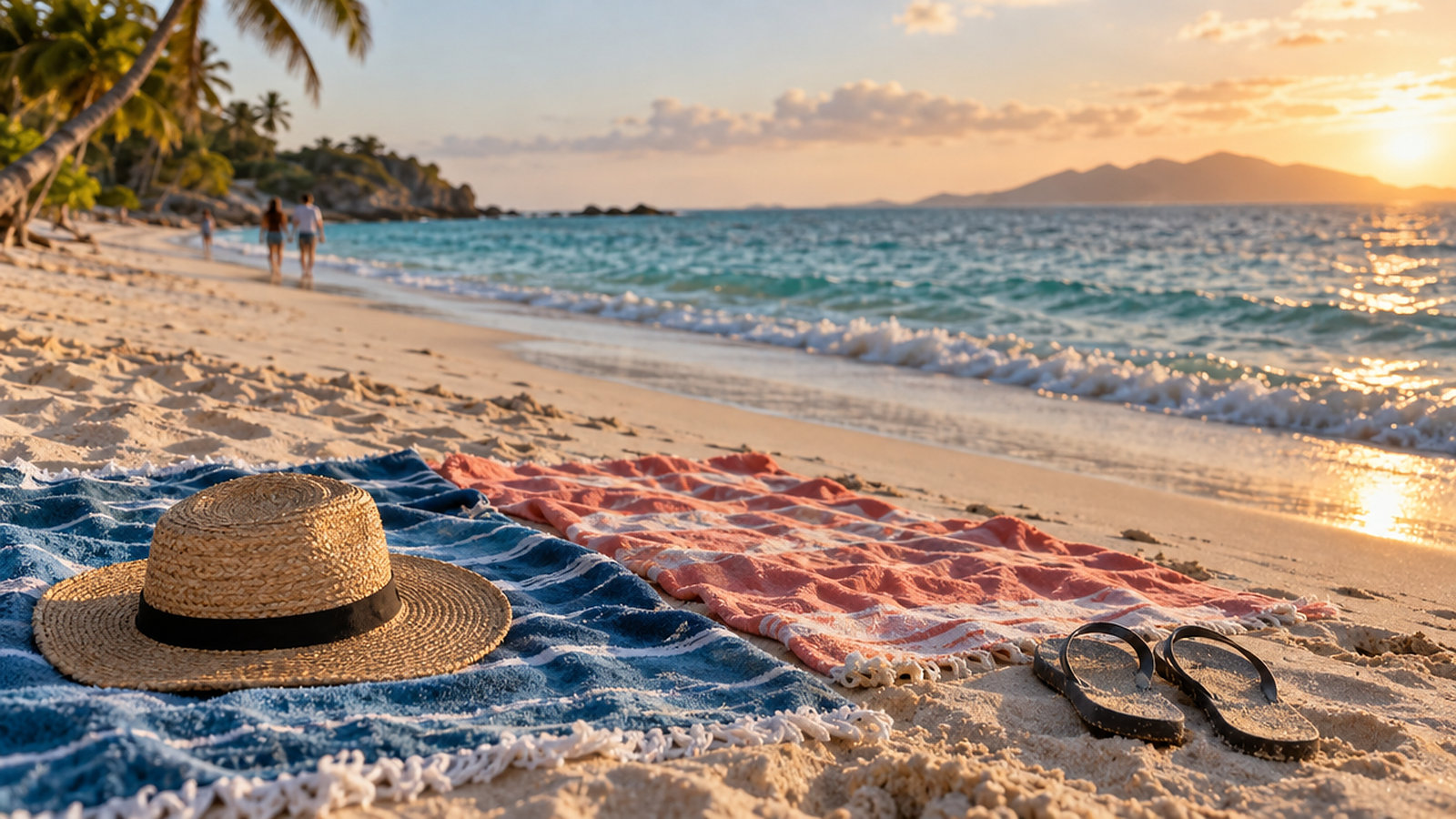 A straw hat, beach towels and flip-flops on golden sand beside turquoise waves at sunset, with palm trees and distant beachgoers along the shore.