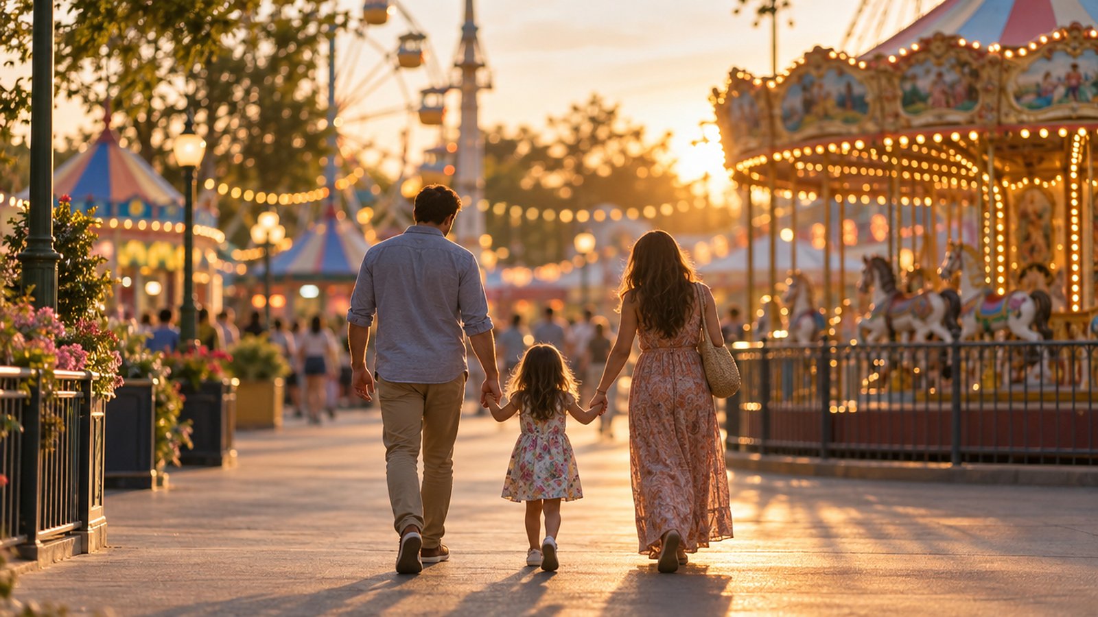 A family of three seen from behind, walking hand in hand along an amusement park promenade past a glowing carousel at golden hour.