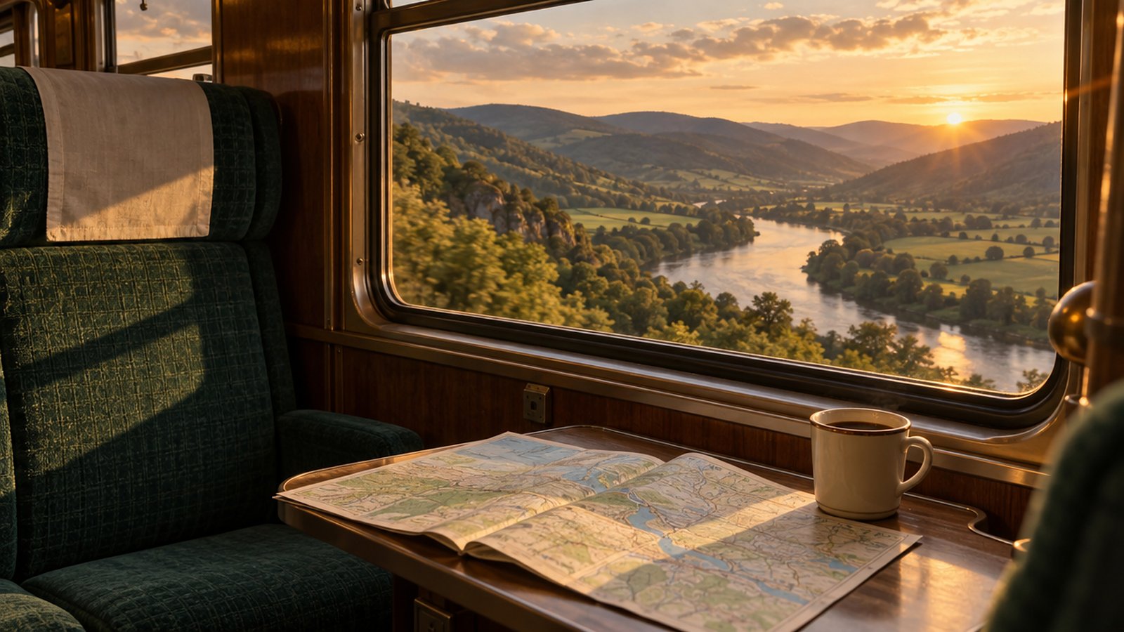 An empty window seat in a vintage train carriage with a mug of coffee and an open paper map, looking out over rolling green hills and a river valley at golden hour.