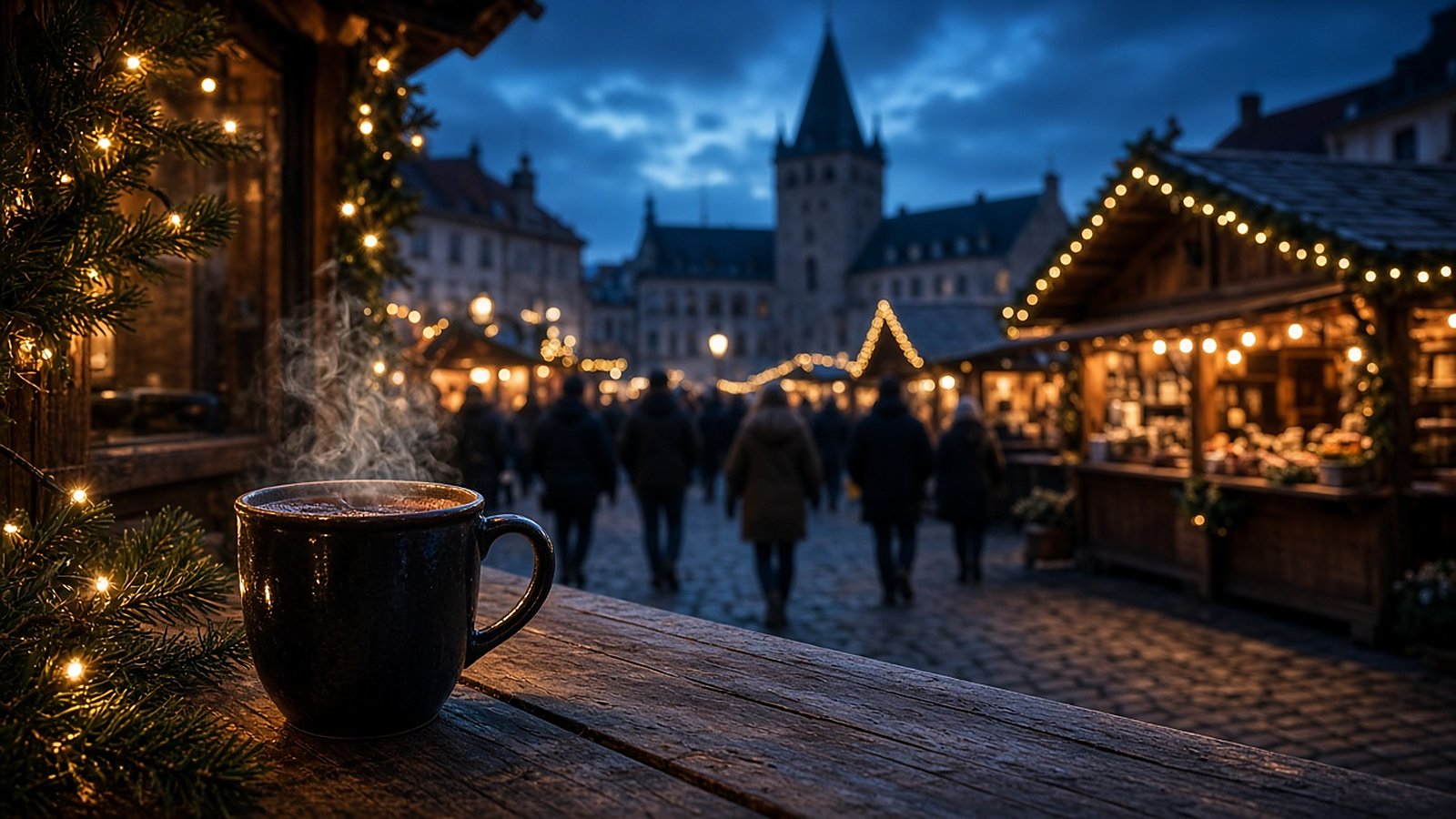 A steaming mug on a wooden ledge in front of a softly lit Christmas market with string lights and blurred shoppers at dusk.