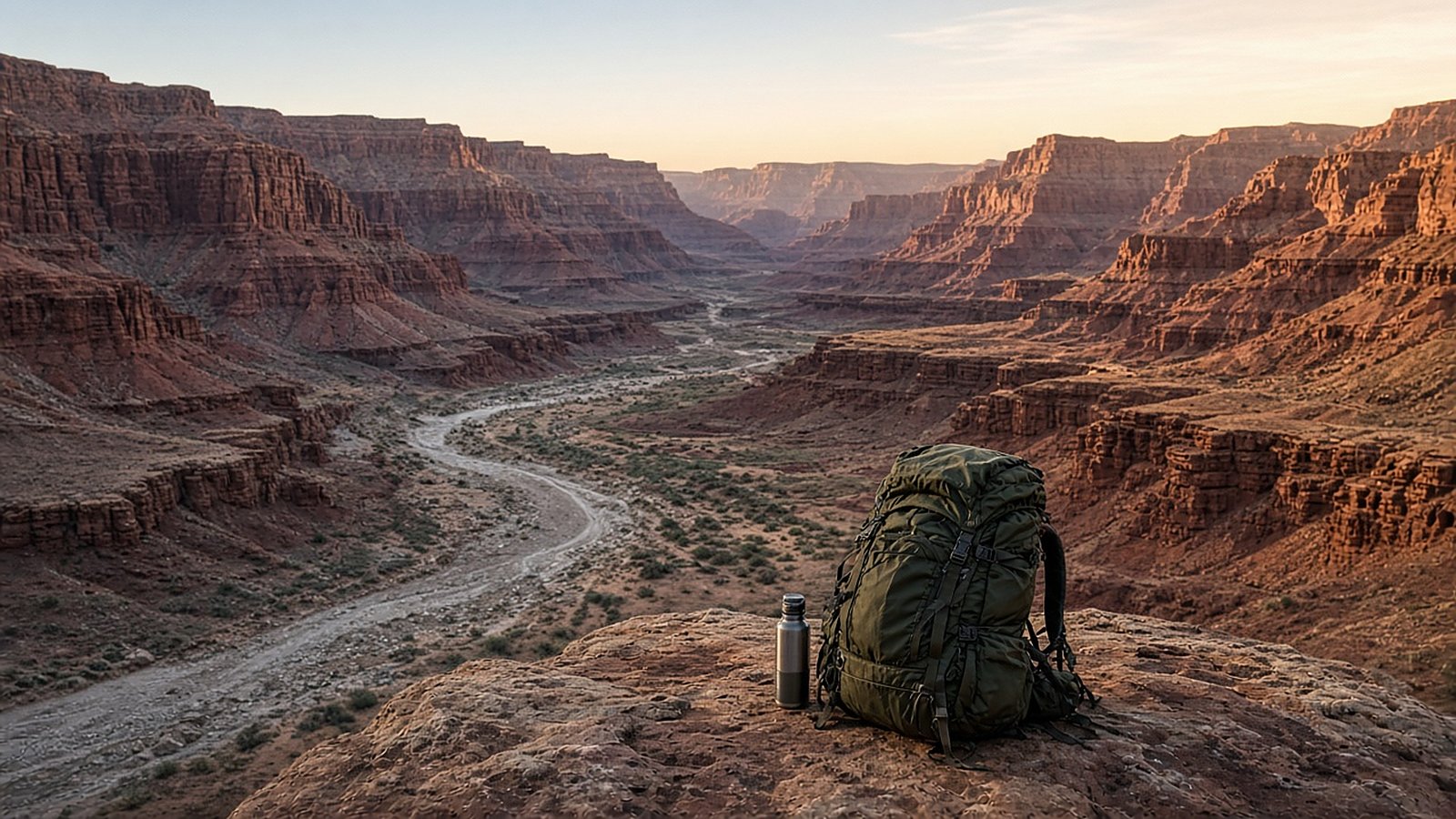 A hiking backpack and water bottle on a sandstone ledge overlooking a vast red rock canyon and winding dry riverbed at golden hour.