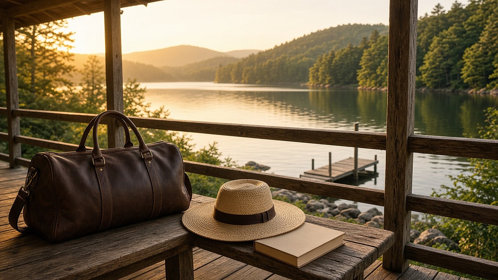 A leather duffel bag, straw hat and book on a cottage porch overlooking a calm forested lake and small wooden dock at sunset.