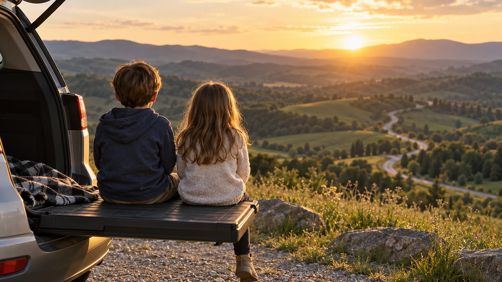 Two children seen from behind sitting on the open tailgate of a car, looking out over rolling green hills and a winding road at sunset.