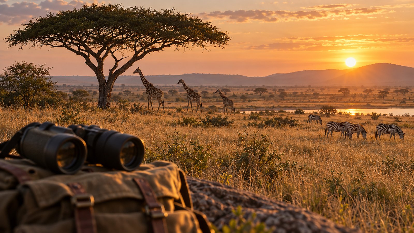 Binoculars resting on a canvas bag overlooking a golden savanna with giraffes under an acacia tree and zebras grazing at sunset.
