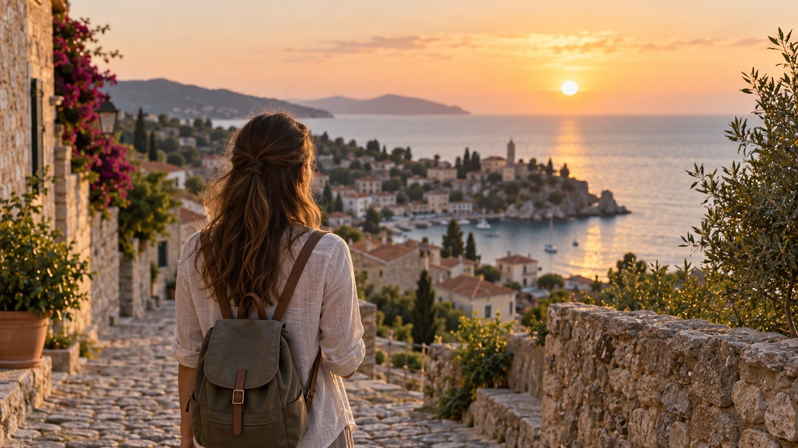 A woman with a canvas backpack, seen from behind, walking down a stone lane toward a seaside village and calm sea at sunset.