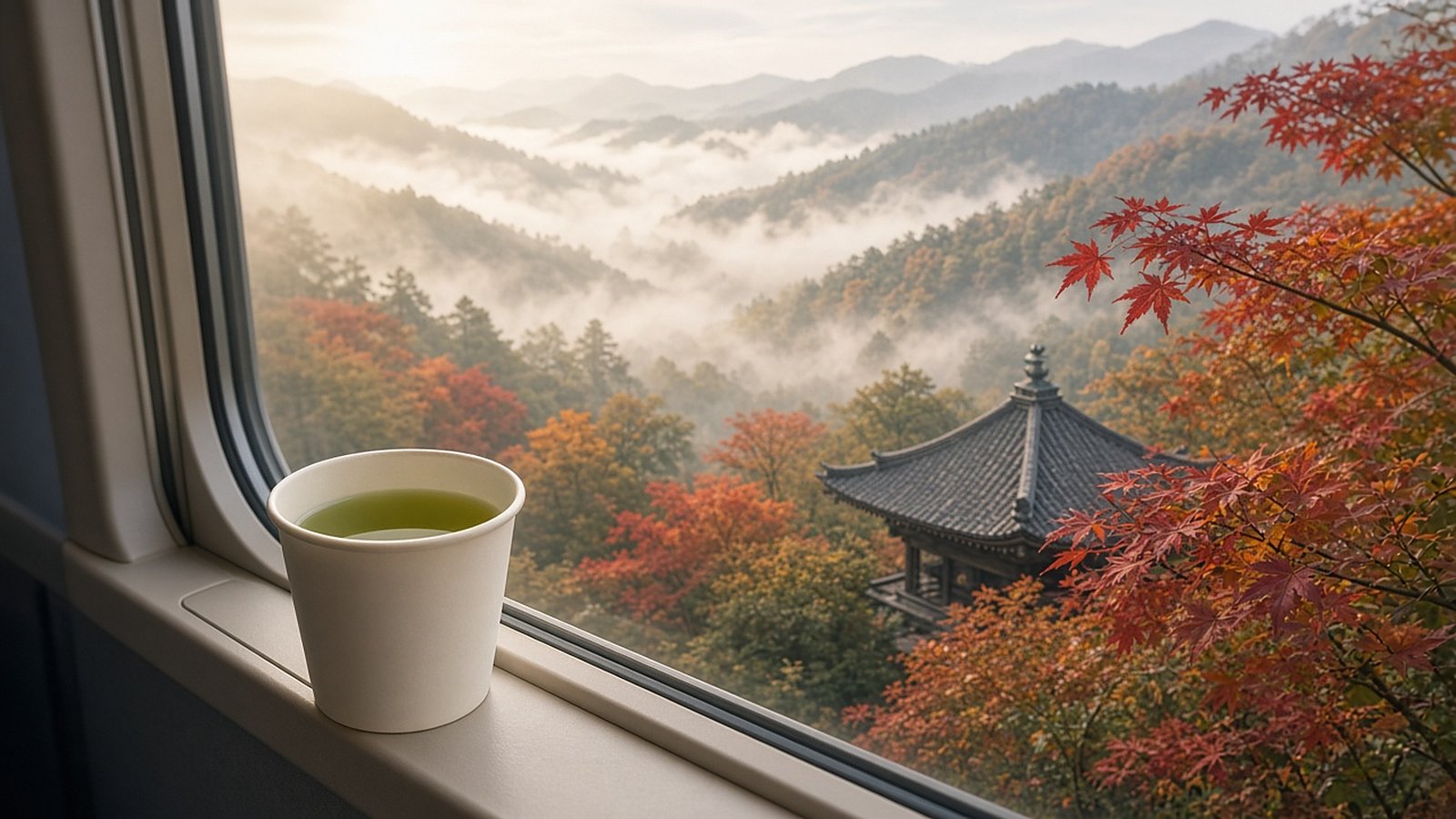 A cup of green tea on a train window ledge overlooking misty forested mountains, red maple leaves and a traditional temple roof.