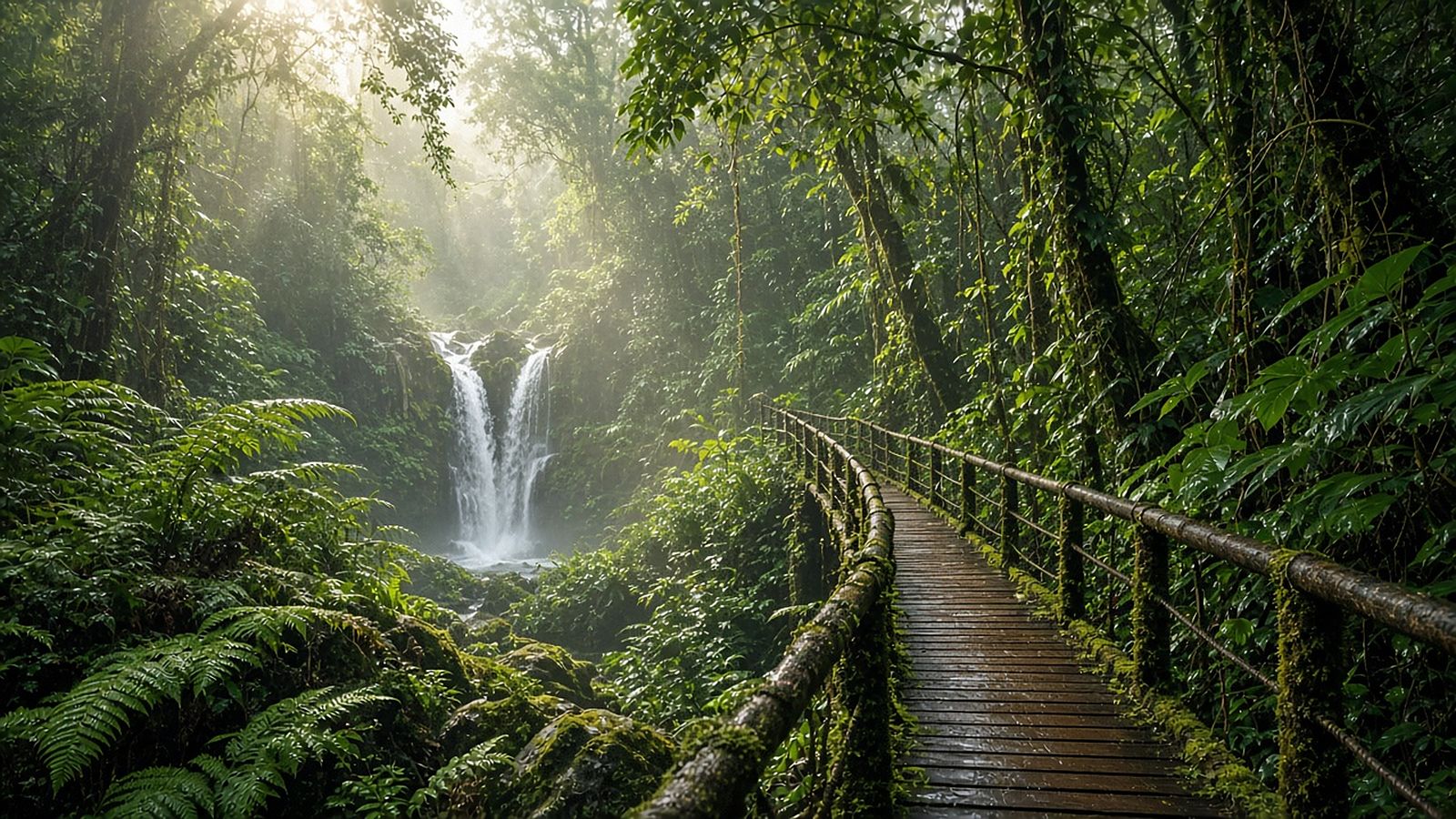 A wooden walkway leading through lush rainforest toward a misty waterfall with sunbeams filtering through the canopy.