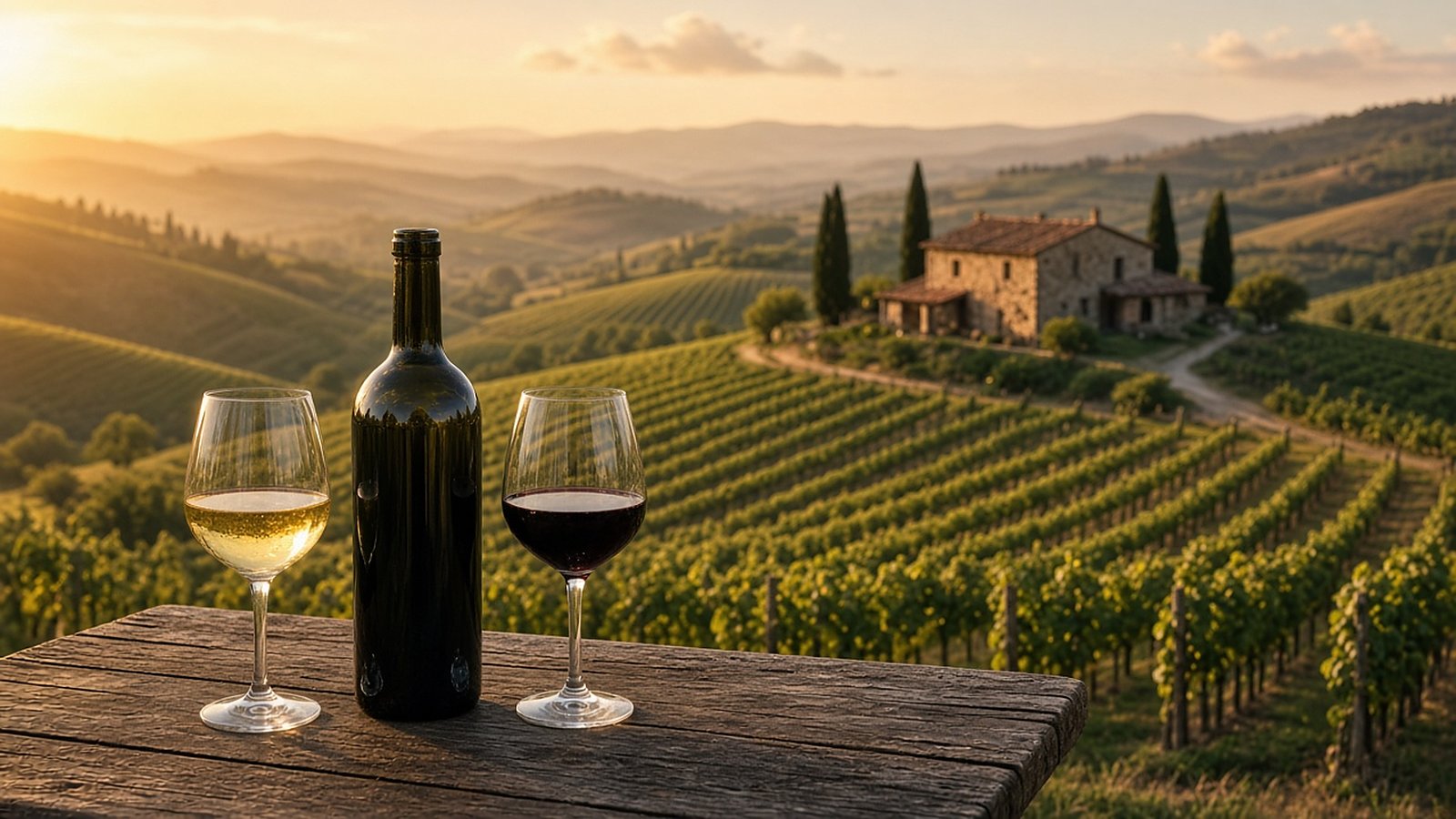 Two glasses of wine and an unlabeled bottle on a wooden table overlooking rolling vineyard hills and a stone farmhouse at golden hour.