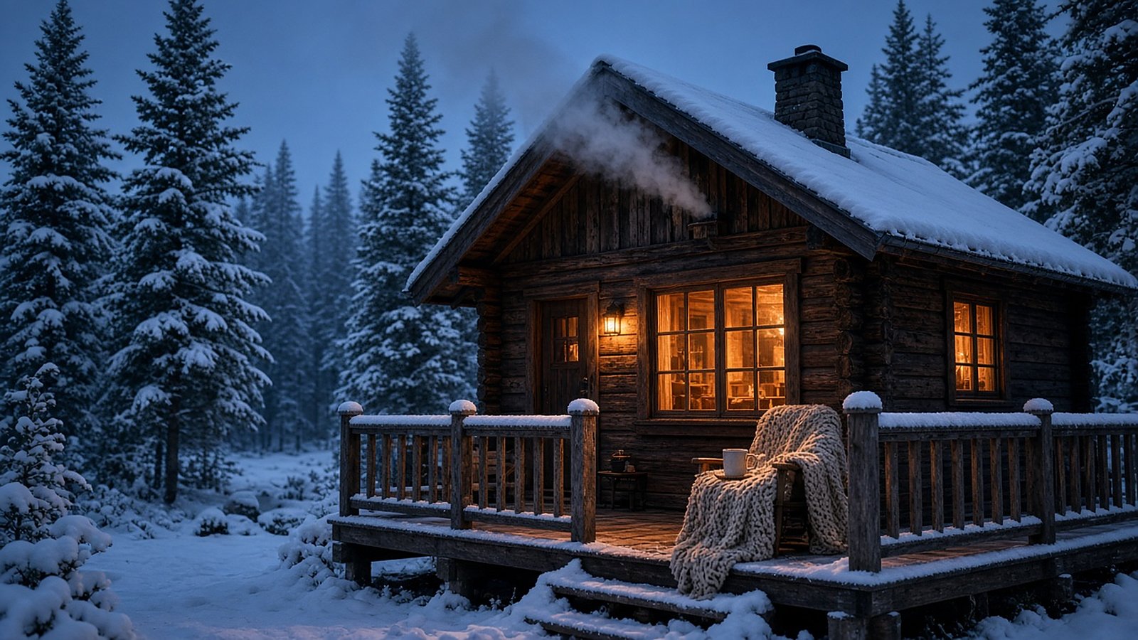 A snowy log cabin with glowing windows, chimney smoke and a knit blanket on the porch chair in a pine forest at dusk.