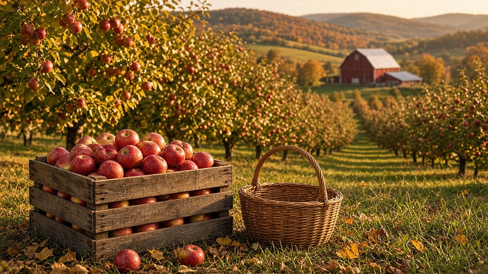 A wooden crate of red apples and a wicker basket in an autumn orchard, with a red barn and rolling hills beyond.