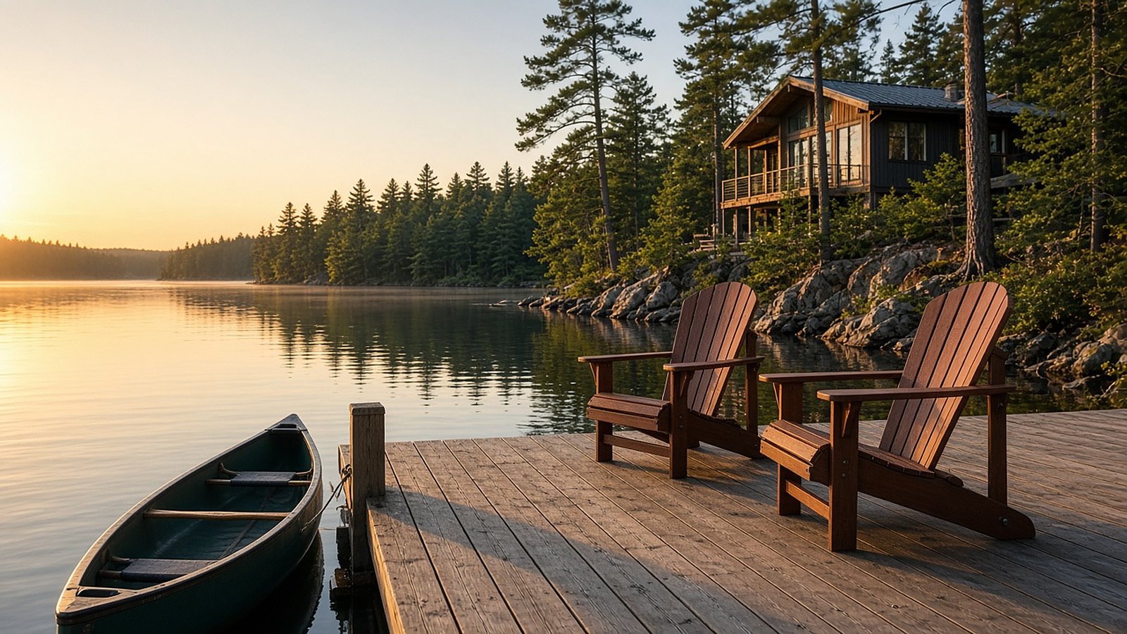 Two wooden Adirondack chairs and a canoe on a dock by a glassy lake, with a lake house among the pines at sunset.